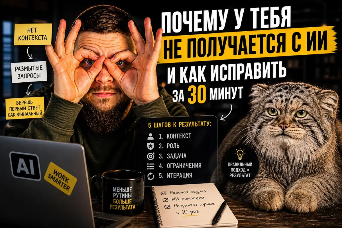 Почему у тебя не получается с ИИ и как это исправить за 30 минут
Ты пробовал работать с ИИ.
Что-то писал.
Что-то генерировал.
Иногда даже получалось.
Но потом забрасывал | Сетка — социальная сеть от hh.ru