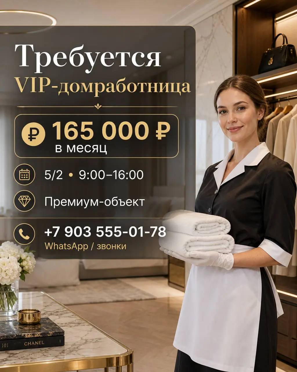 ДОМРАБОТНИЦА
От 165 000₽
Прямой работодатель
• Москва
• Клининг и бытовые услуги
• +79035550178
Полное описание вакансии размещено в Телеграм и Макс. Переходите по ссылке в закрепленном сообщении | Сетка — социальная сеть от hh.ru