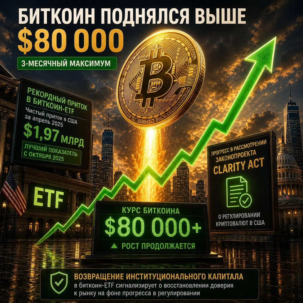 🛠️ ₿ Биткоин поднялся выше $80 000 на фоне рекордного притока в ETF с октября
4 мая биткоин достиг трехмесячного максимума, превысив $80 000 | Сетка — социальная сеть от hh.ru