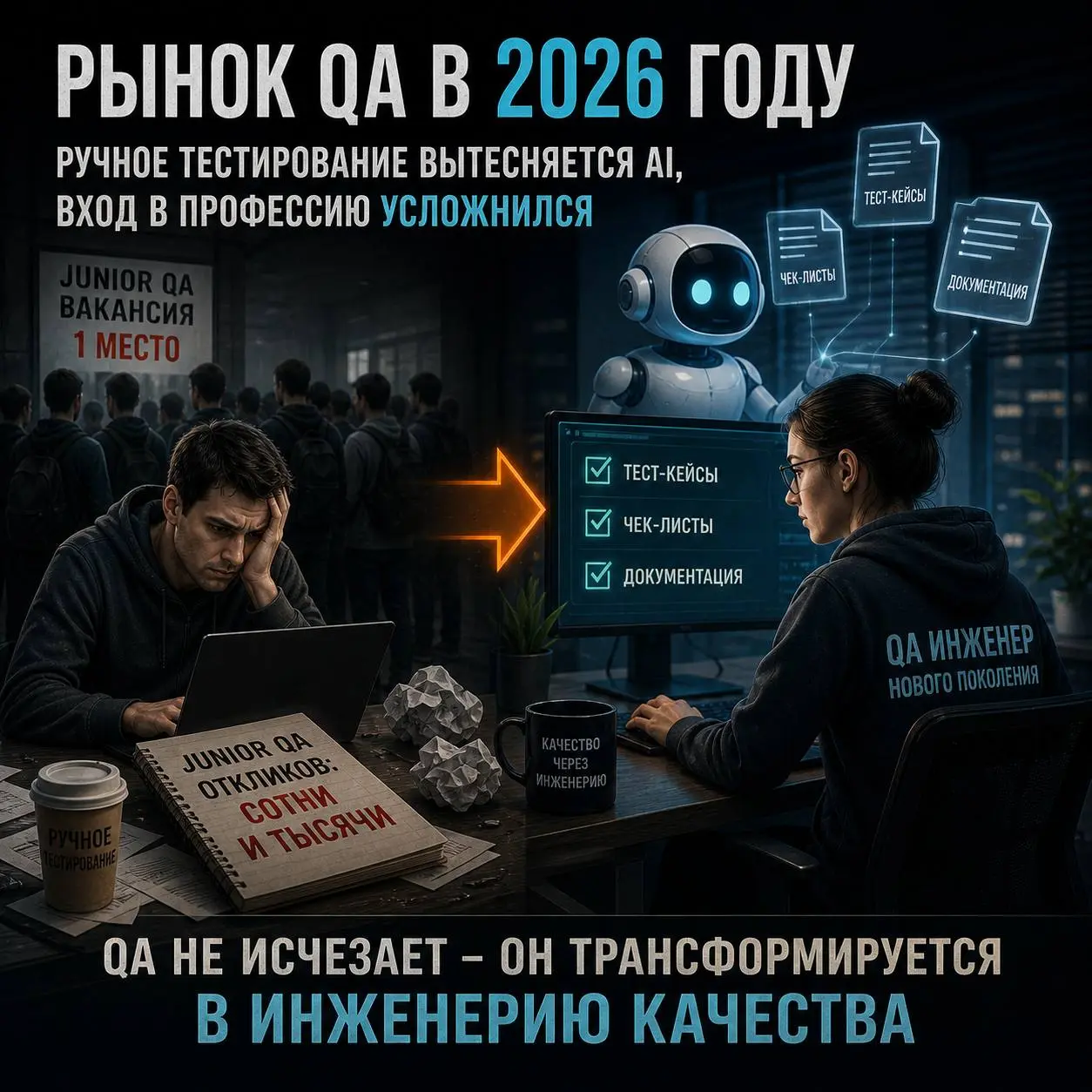 🛠️ 🧪 Рынок QA в 2026 году: ручное тестирование вытесняется AI, вход в профессию усложнился
Аналитика рынка тестирования ПО за 2026 год показывает, что спрос на чисто ручных QA-инженеров заметно упал, ... | Сетка — социальная сеть от hh.ru
