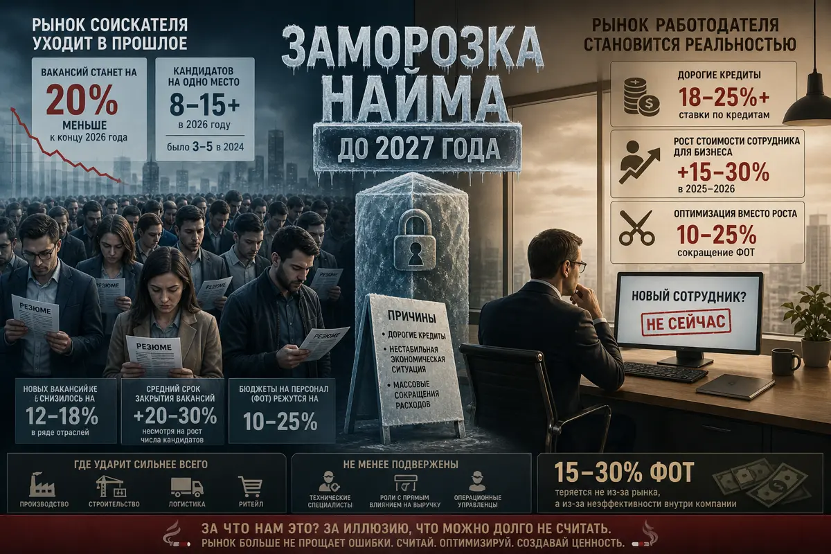 Россия на паузе: почему бизнес замораживает найм до 2027 года и что это на самом деле значит
Фраза «заморозка найма» звучит громко, но если убрать эмоции - это не кризис в классическом понимании | Сетка — социальная сеть от hh.ru