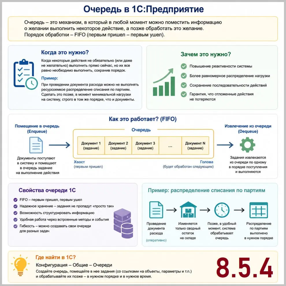 💡 Ключевые моменты при работе с очередями
Протестировал найсвежайшую 8.5.4.1306. Начал с очередей. Этот инструмент для асинхронной обработки задач недавно был анонсировали на DevCon 2026 | Сетка — социальная сеть от hh.ru