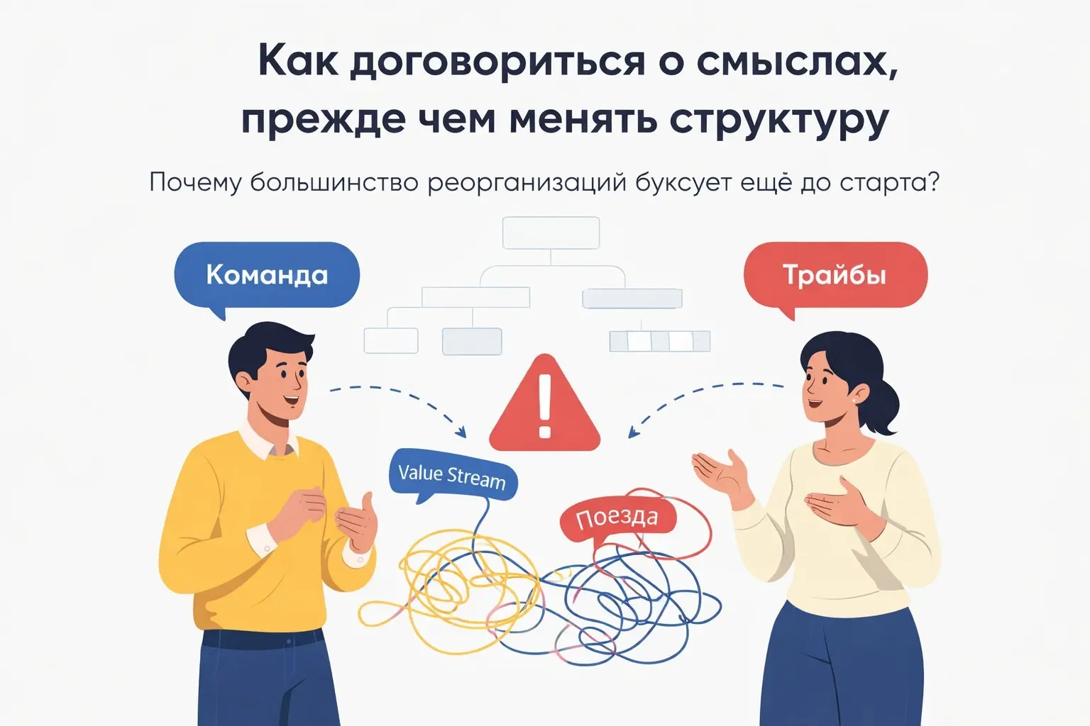 🙇 Почему большинство реорганизаций буксует ещё до старта? Не из-за структуры. Из-за языка. Скводы, трайбы, value streams — звучат знакомо. Но за этими словами скрываются разные управленческие смыслы | Сетка — социальная сеть от hh.ru