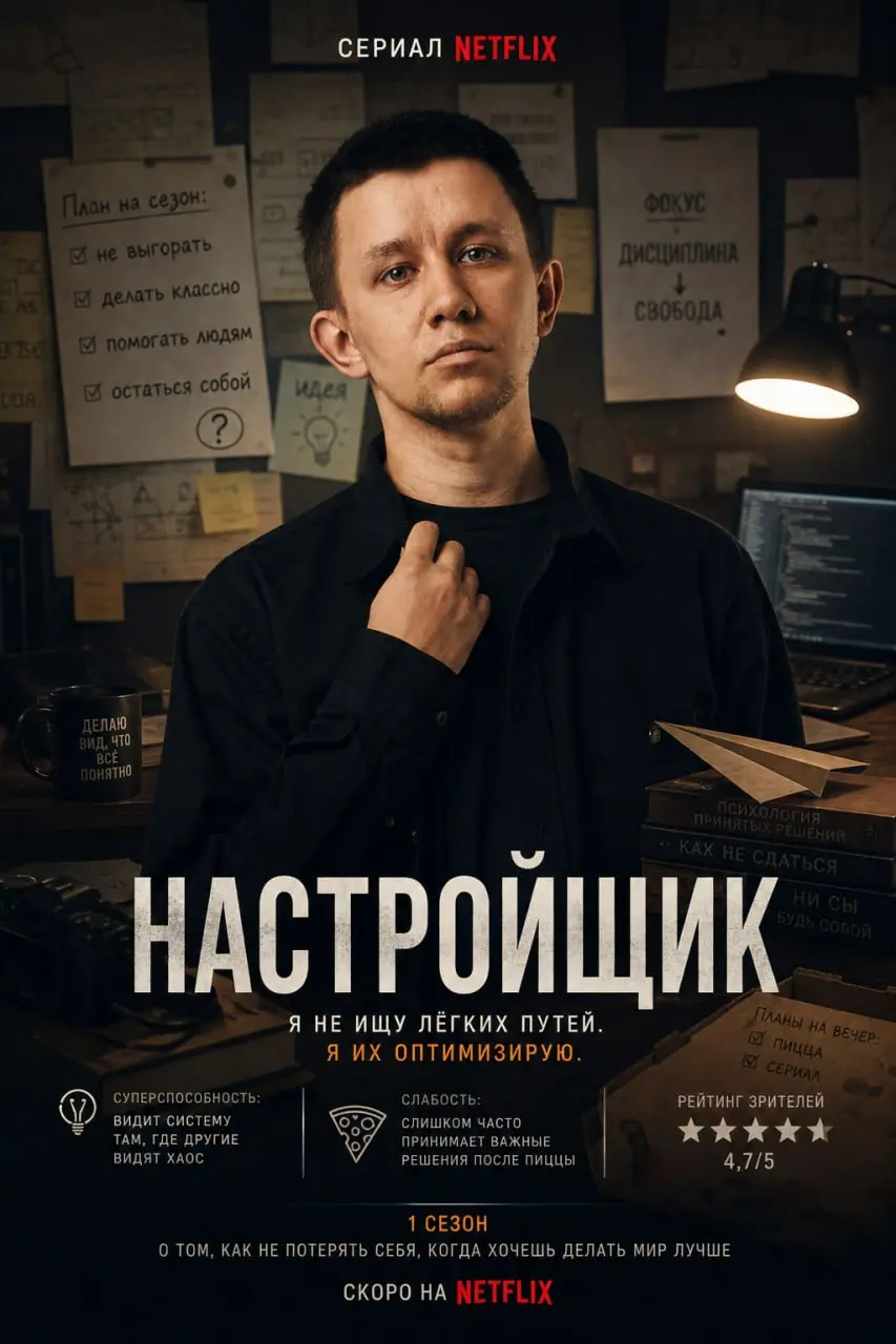 Сериал на Netflix по моей жизни
Название нравится, и остальное прям в тему. Правда, про пиццу лишнее — я бы хотел пельмешек 😁
Закину в комментарии промпт, делитесь своими постерами ⬇️ | Сетка — социальная сеть от hh.ru