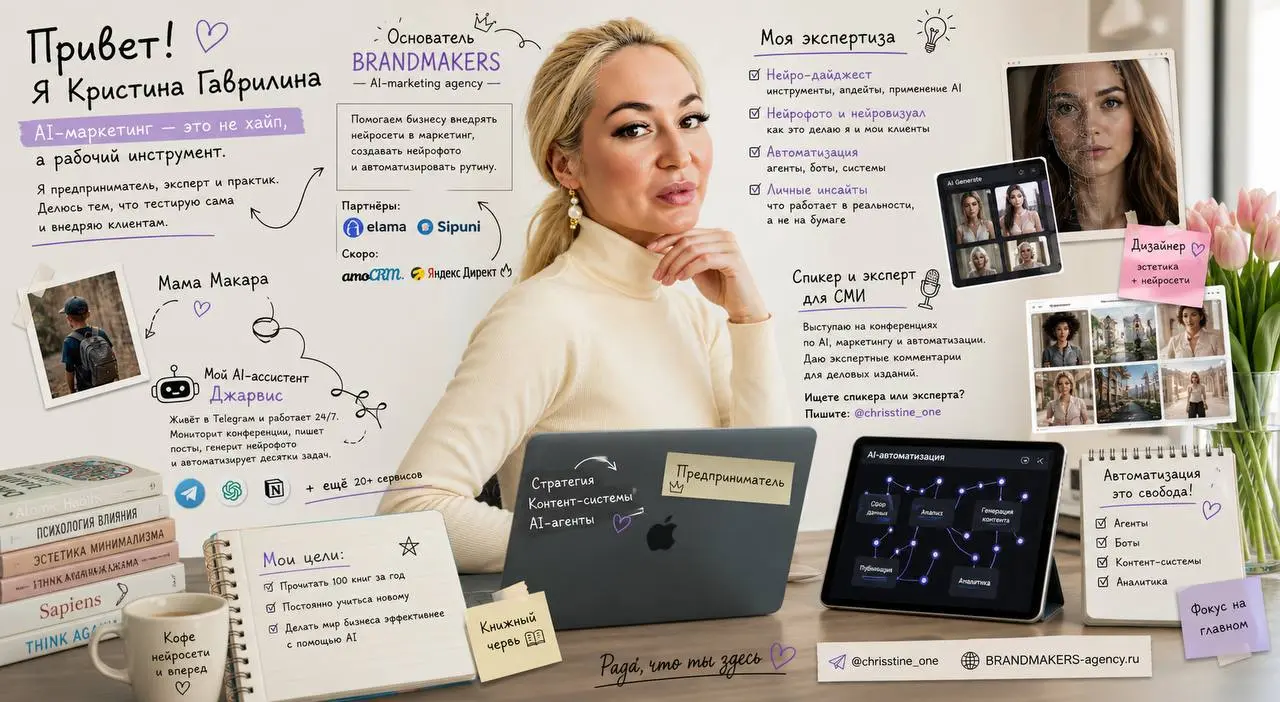 Пост-знакомство. Начни отсюда 👇
Привет! Я Кристина Гаврилина.
Добро пожаловать в канал, где AI-маркетинг и нейросети - это не хайп, а рабочий инструмент | Сетка — социальная сеть от hh.ru