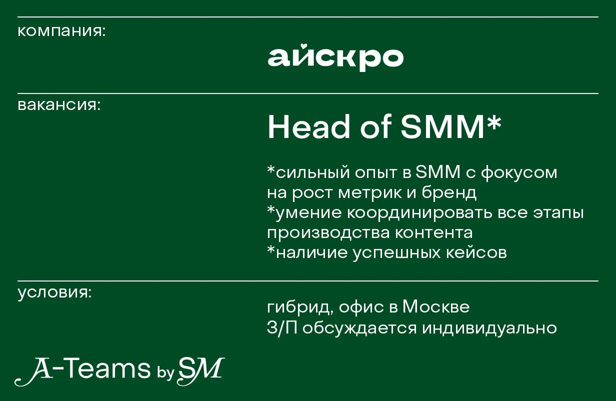 Head of SMM в АйсКро
Гибрид, офис в Москве, З/П обсуждается индивидуально
АйсКро — производитель функционального мороженого и напитков с собственным производством | Сетка — социальная сеть от hh.ru