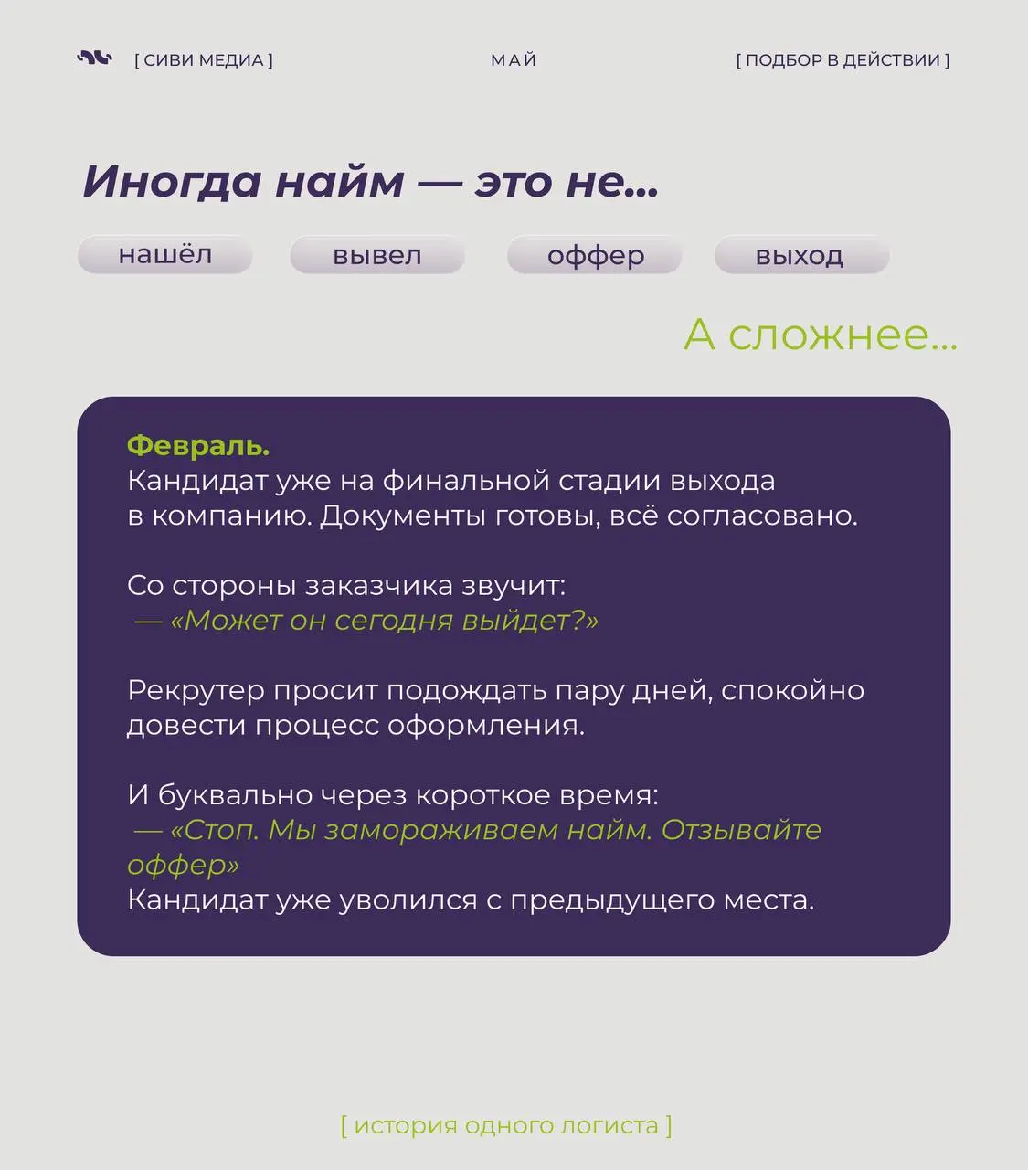 Не каждый найм — это линейный процесс.
Иногда выход кандидата срывается — и не один раз…
В таких историях решает не скорость, а то, остаётся ли рекрутер на связи и не теряет контакт | Сетка — социальная сеть от hh.ru