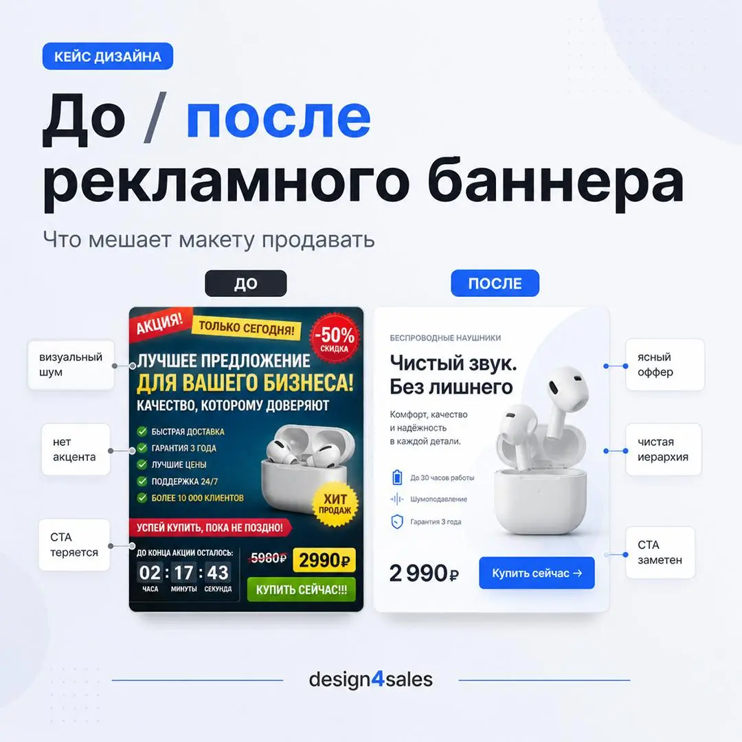 🎯 До/после рекламного баннера
Иногда баннер не нужно «украшать». Его нужно очистить.
Когда в макете слишком много текста, одинаковых акцентов и случайных элементов, человек не понимает, куда смотреть | Сетка — социальная сеть от hh.ru