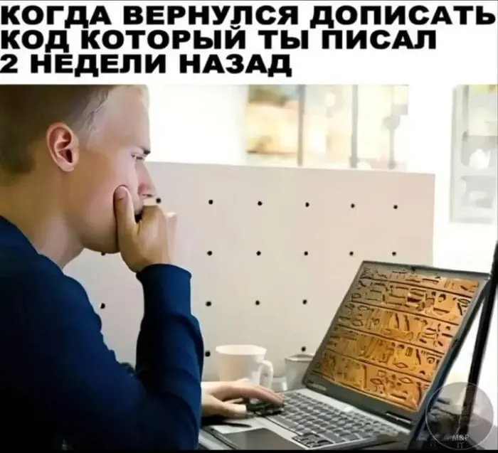 Мем смешной, ситуация стандартная.
Именно поэтому надо не забивать на следующие вещи:

Naming очень важен. Называем переменные, методы, классы наиболее релевантно | Сетка — социальная сеть от hh.ru