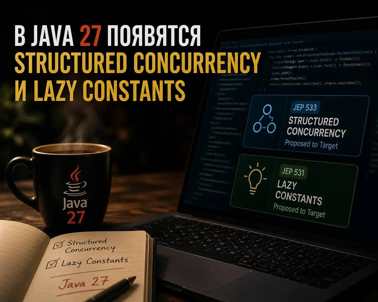 🪙 ☕️ В Java 27 появятся Structured Concurrency и Lazy Constants
Опубликованы новости о развитии JDK 27. JEP 533 (Structured Concurrency) и JEP 531 (Lazy Constants) получили статус Proposed to Target | Сетка — социальная сеть от hh.ru