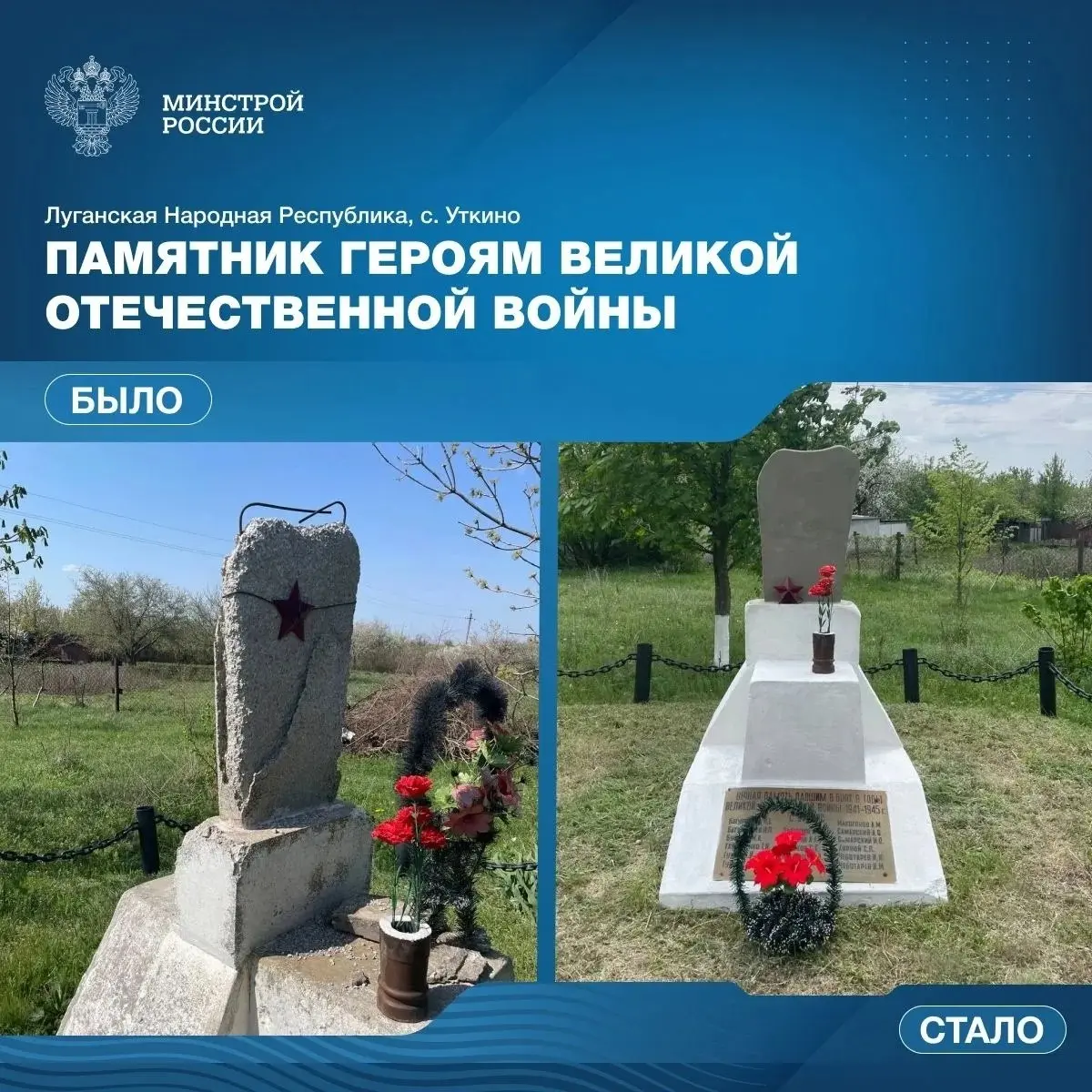 Специалисты из Хакасии восстановили памятник героям Великой Отечественной войны в селе Уткино Луганской Народной Республики
В преддверии Дня Победы шефская помощь воссоединенным регионам акцентирована... | Сетка — социальная сеть от hh.ru