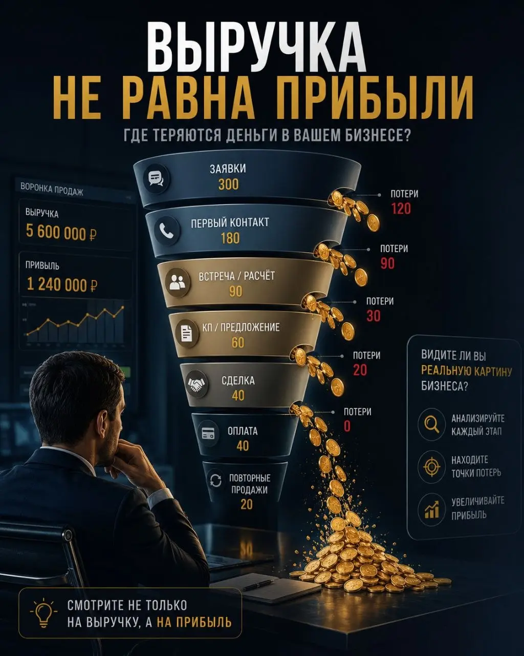 Проверьте не выручку, а реальную прибыль по цепочке
Собственник часто смотрит на выручку и думает, что понимает состояние бизнеса. Но выручка не показывает, где компания теряет деньги | Сетка — социальная сеть от hh.ru