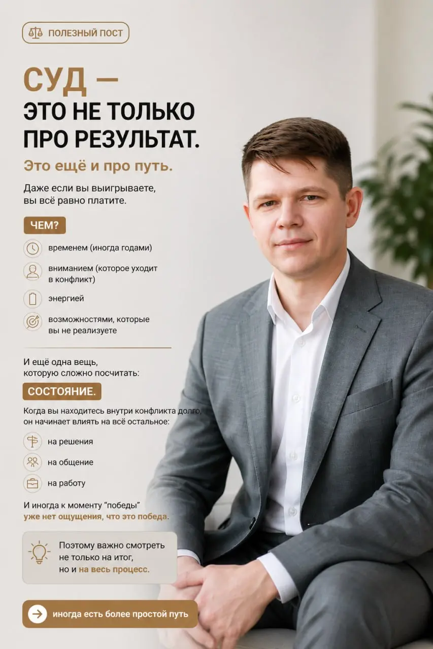 ⚖️ Что вы теряете, даже если выиграете суд
Есть важная вещь, которую редко учитывают.
Суд — это не только про результат.
Это ещё и про путь.
💭 Даже если вы выигрываете,
вы всё равно платите | Сетка — социальная сеть от hh.ru