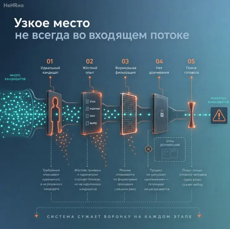 Как компании сами сужают воронку найма
Воронка найма часто “сужается”
ещё до того, как начинает работать.
Не из-за рынка.
А из-за решений внутри компании.
Это не всегда заметно | Сетка — социальная сеть от hh.ru