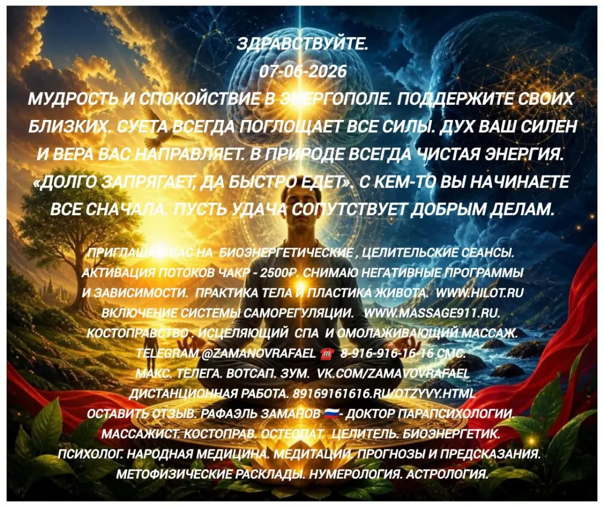Здравствуйте.
07-06-2026
Мудрость и спокойствие в энергополе. Поддержите своих близких. Суета всегда поглощает все силы. Дух ваш силен и вера вас направляет. В природе всегда чистая энергия | Сетка — социальная сеть от hh.ru