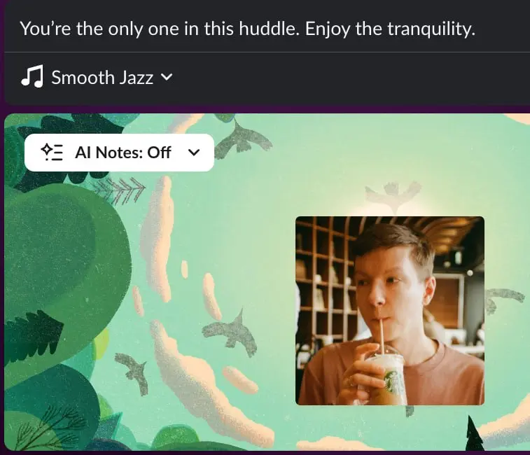 Вот она, #клеваяфича как она есть.
В Slack есть Huddle — что-то вроде быстрого синка «у стола» с коллегой в офисе.
И оказывается, если ты там долго сидишь один, то включается музыка | Сетка — социальная сеть от hh.ru