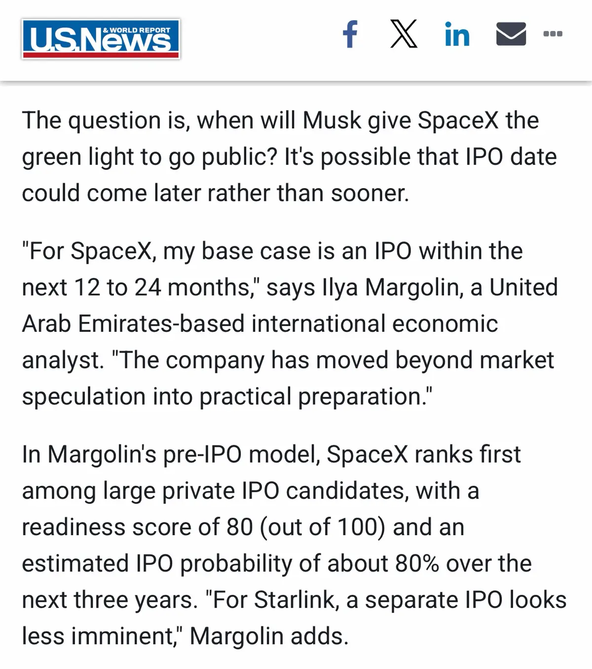 Поделился экспертным мнением с американским изданием U.S. News о перспективах IPO SpaceX и представил свою новую нейромодель по прогнозированию IPO.
Доступно и в формате аудио.
https://money.usnews | Сетка — социальная сеть от hh.ru