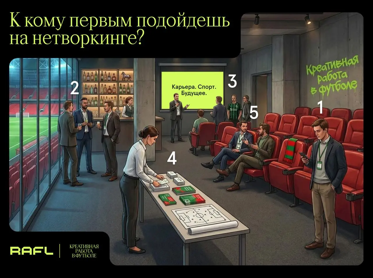 К кому первым подойдешь на нетворкинге?
На картинке — типичный вечер в креативной футбольной тусовке | Сетка — социальная сеть от hh.ru