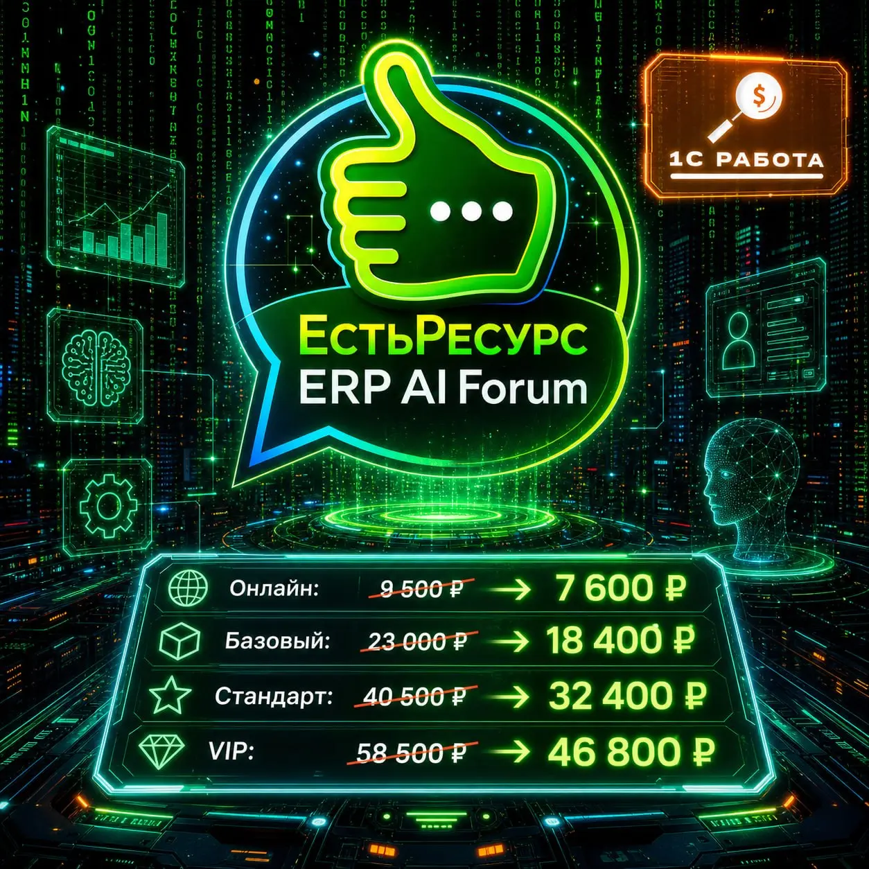 🔥 Сегодня последний рабочий день, когда можно купить билеты на ЕстьРесурс ERP AI Forum для подписчиков "1С Работа" | Сетка — социальная сеть от hh.ru