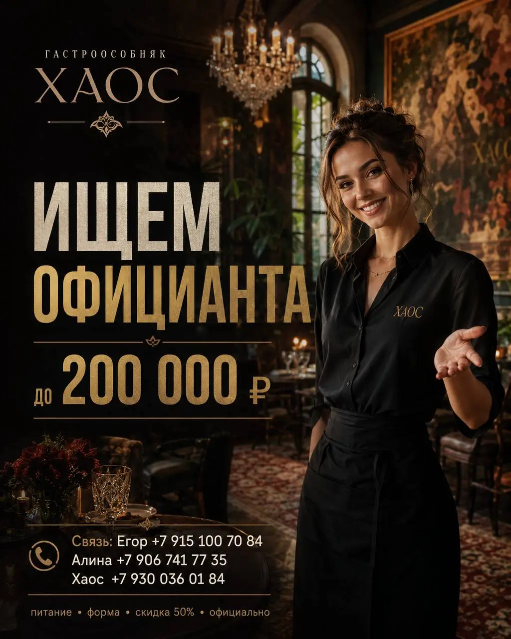 ОФИЦИАНТ
От 200 000₽
Хаос
• Москва
• Рестораны/Кафе
• +79151007084
Полное описание вакансии размещено в Телеграм и Макс. Переходите по ссылке в закрепленном сообщении | Сетка — социальная сеть от hh.ru
