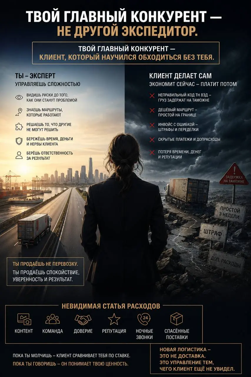Ты думаешь, что твой главный конкурент — это другой экспедитор.
Нет.
Твой главный конкурент — это клиент, который научился обходиться без тебя.
Сам нашёл ставку на платформе | Сетка — социальная сеть от hh.ru