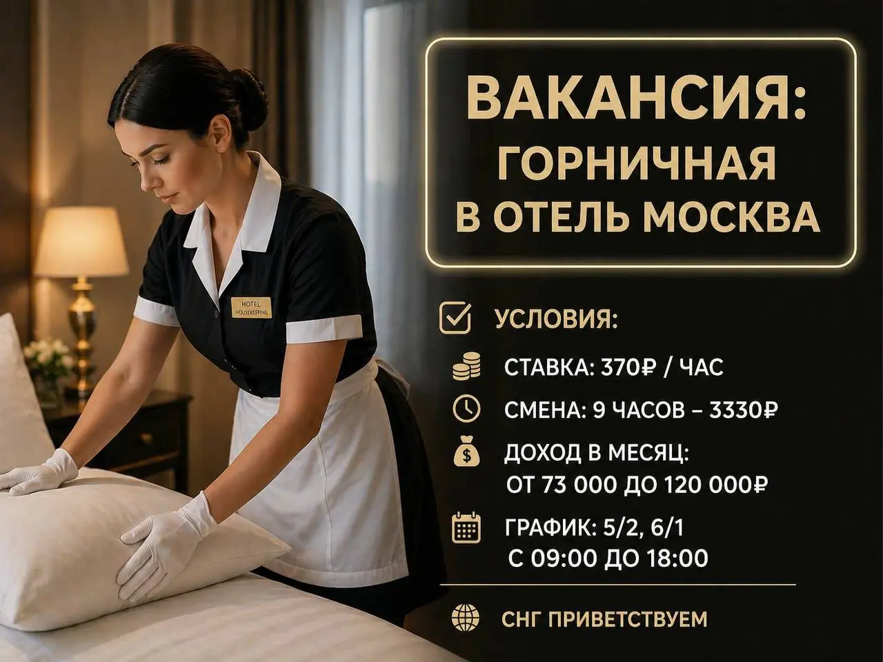 ГОРНИЧНАЯ В ОТЕЛЬ
От 3 330₽/смена
прямой работодатель
• Москва
• Гостиничный бизнес
• +79854885959
Полное описание вакансии размещено в Телеграм и Макс. Переходите по ссылке в закрепленном сообщении | Сетка — социальная сеть от hh.ru