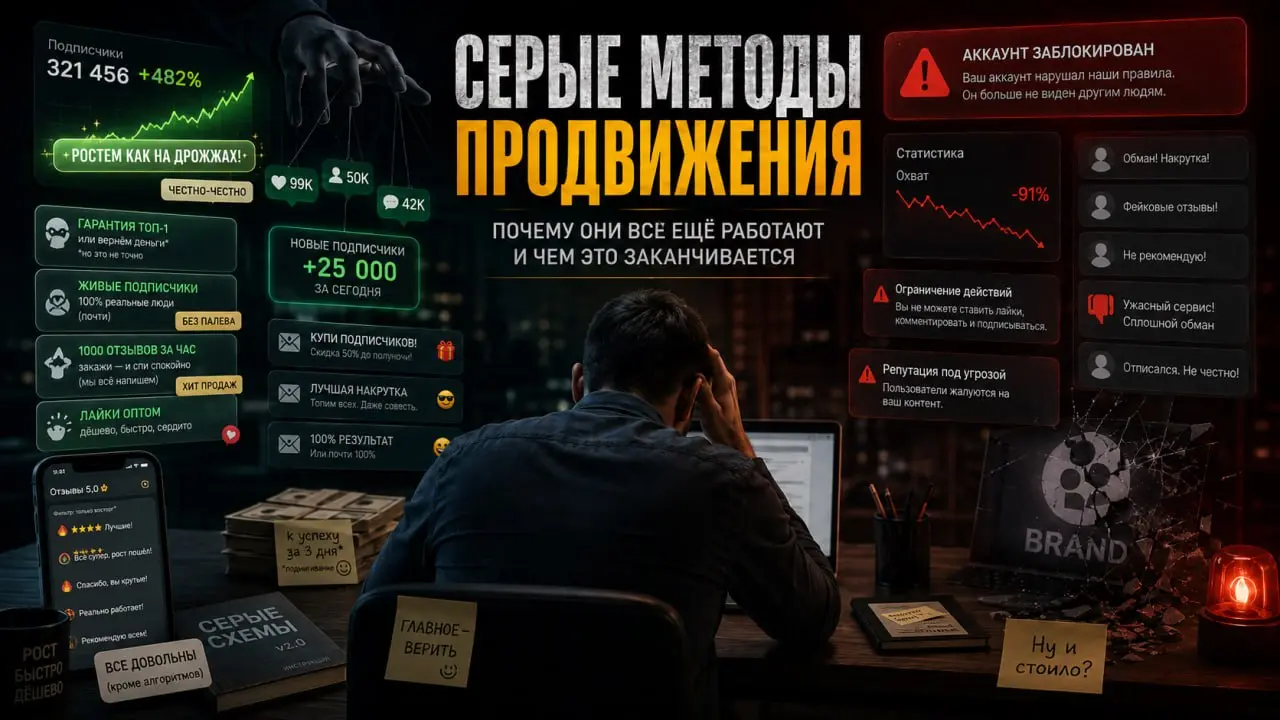 🕶 Серые методы продвижения: почему они всё ещё работают (и чем это заканчивается)
Каждый, кто работает в маркетинге достаточно долго, хотя бы раз видел это:
— накрутка отзывов
— фейковые “последние ме... | Сетка — социальная сеть от hh.ru