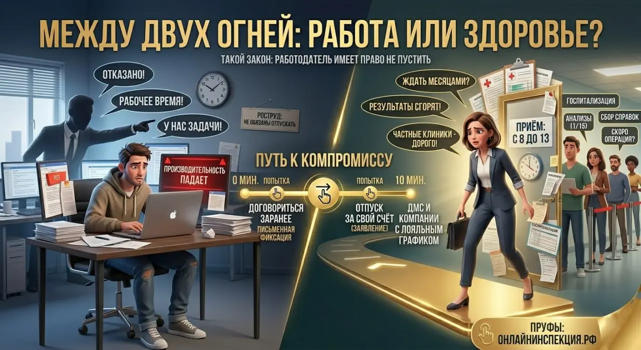 МЕЖДУ ДВУХ ОГНЕЙ: РАБОТА ИЛИ ЗДОРОВЬЕ?
А знаете ли вы, что работодатель имеет полное право вас не пустить к врачу. Да, это звучит дико, но таков закон и вы должны об этом знать. Как минимум заранее | Сетка — социальная сеть от hh.ru