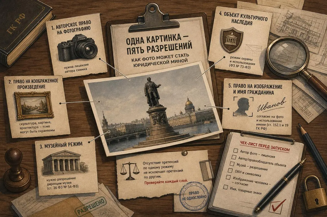 Какие права можно нарушить одной картинкой
1/3. Одна картинка - несколько правовых режимов
Коммерческое использование изображения редко сводится к вопросу «у кого купить права на фотографию?» | Сетка — социальная сеть от hh.ru