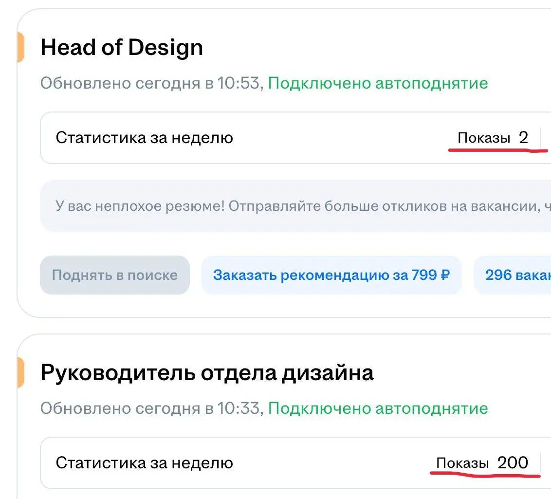 Как корабль назовешь
Делюсь простым наблюдением. Есть 2 резюме, опубликованы одновремено, содержание полностью идентичное. Разница только в названии роли.
У одного 200 показов, у другого — 2 | Сетка — социальная сеть от hh.ru