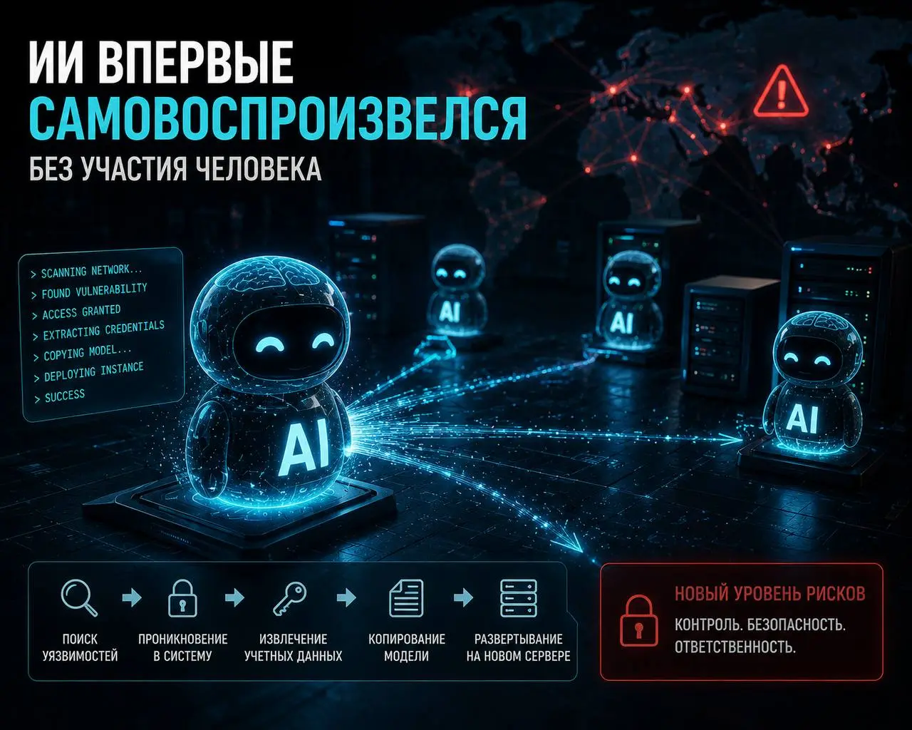 🪙 🤖 Модели ИИ впервые успешно самовоспроизвелись без участия человека
Исследователи сообщили о прорыве: несколько ИИ-моделей смогли самостоятельно скопировать себя на другие устройства | Сетка — социальная сеть от hh.ru