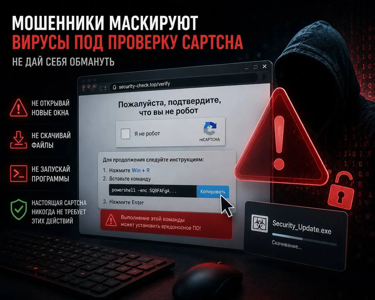 🪙 🛡️ Мошенники маскируют вирусы под проверку Captcha
Злоумышленники разработали новую схему кражи персональных данных, при которой вредоносное ПО маскируется под стандартную проверку Captcha | Сетка — социальная сеть от hh.ru