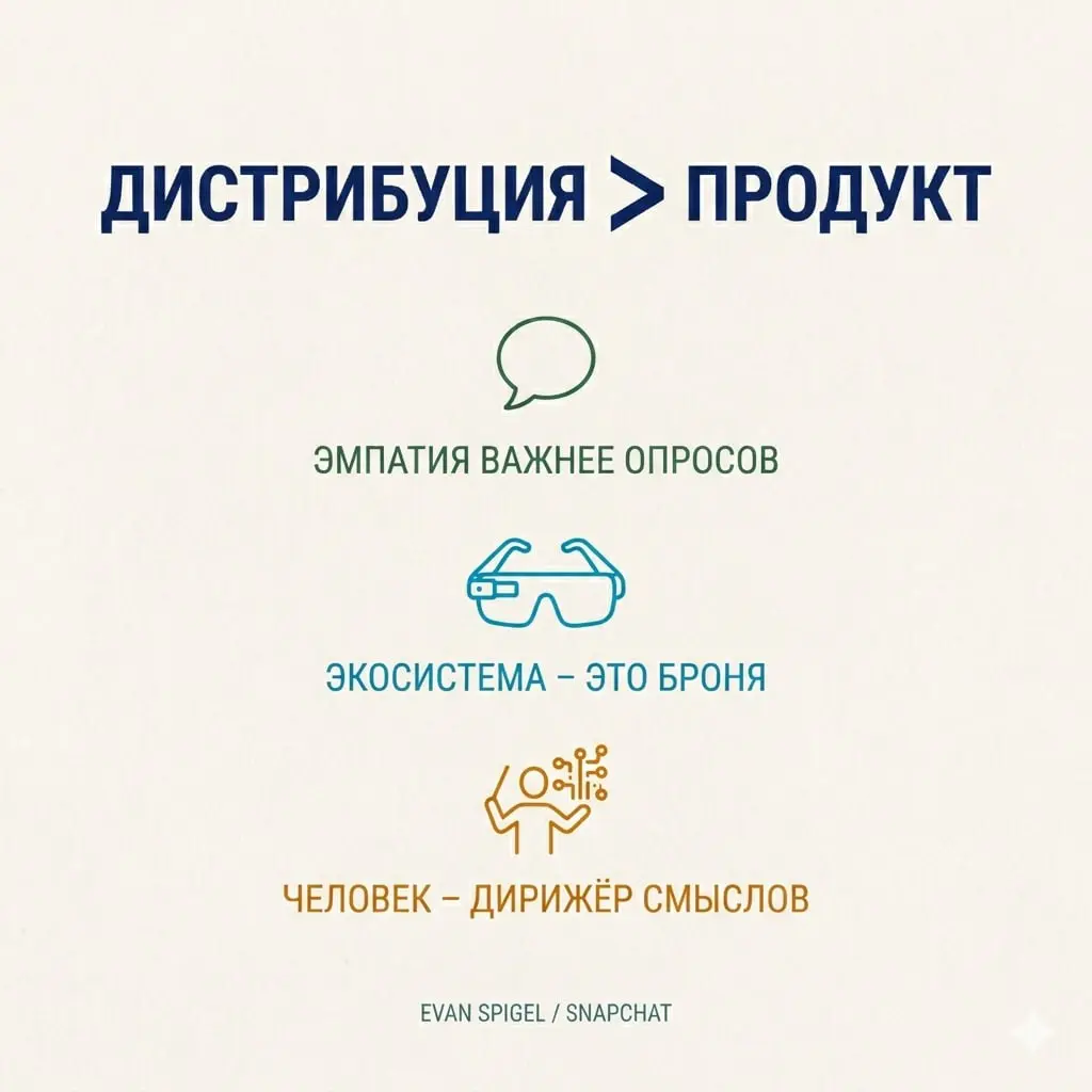 Дистрибуция важнее продукта
CEO Snapchat, Эван Шпигель дал интервью в котором заявил, что дистрибуция важнее продукта. Дистрибуция - это новый защитный ров от конкурентов | Сетка — социальная сеть от hh.ru