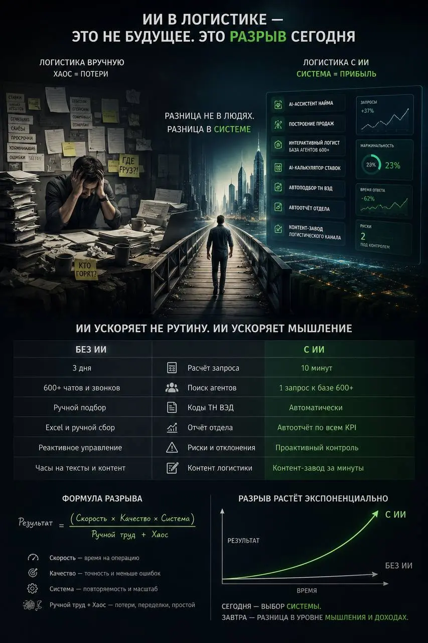 Пост про нейросети в логистике.
Сейчас будет неприятная мысль.
Большинство логистов используют ИИ как калькулятор с красивым интерфейсом.
Открыли.
Спросили ставку.
Попросили перевести письмо | Сетка — социальная сеть от hh.ru