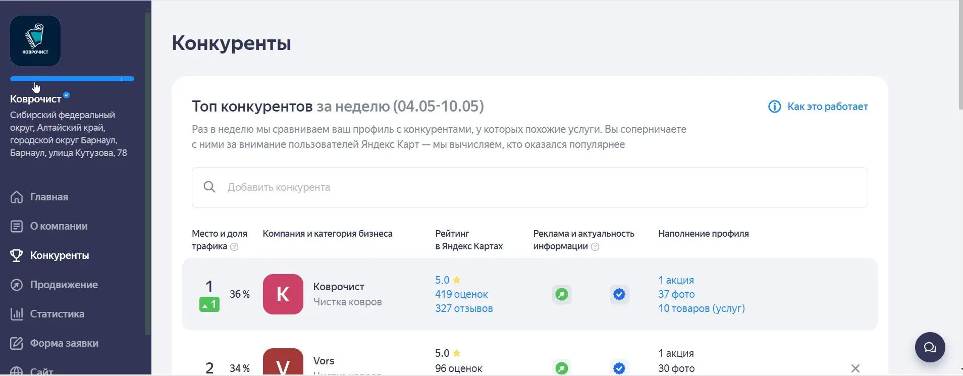 Оформление и продвижение в топ-1 яндекс карт сети Коврочист | Сетка — социальная сеть от hh.ru