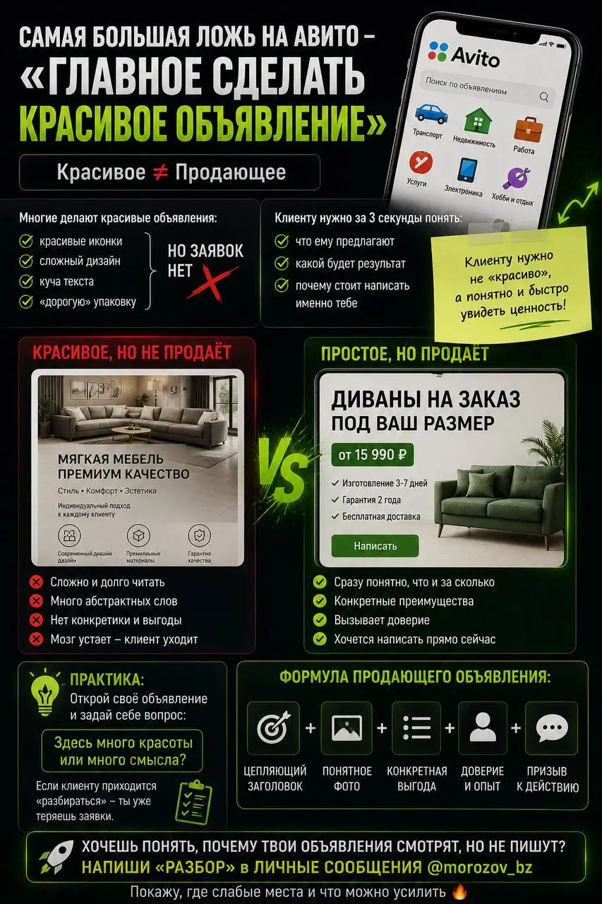Самая большая ложь на Авито — «главное сделать красивое объявление» 🚫
Красивое ≠ продающее
И это очень важно понять 😐
Многие делают вот что:
— красивые иконки
— сложный дизайн
— куча текста
— «дорогую... | Сетка — социальная сеть от hh.ru