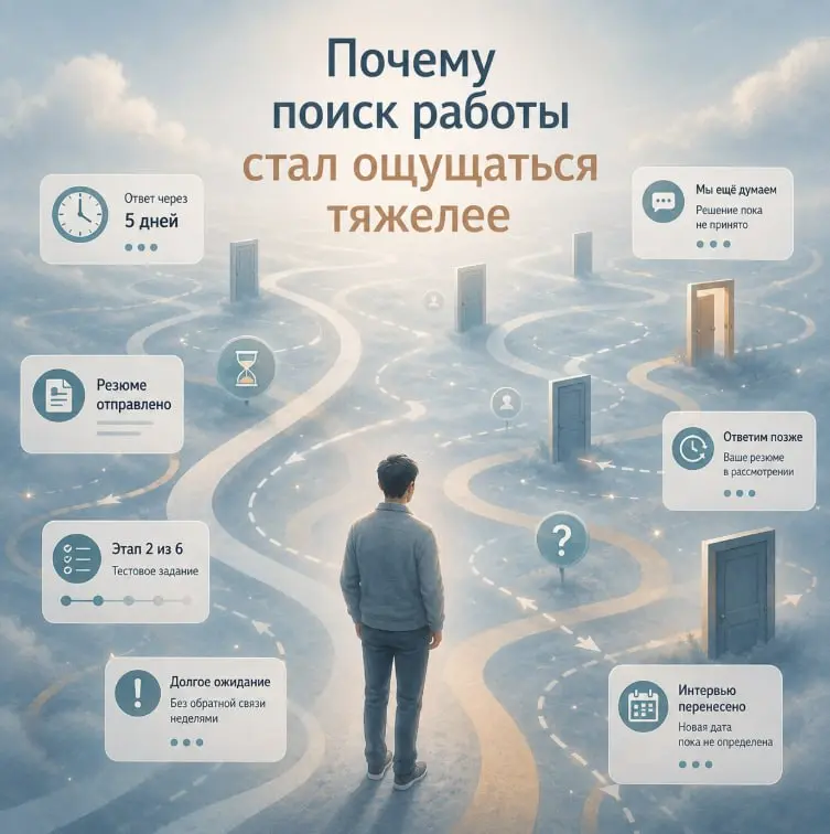 🔍 Коротко о ситуации на рынке труда
Сейчас рынок труда ощущается намного тяжелее,
чем ещё год назад.
Даже если формально вакансии всё ещё есть | Сетка — социальная сеть от hh.ru