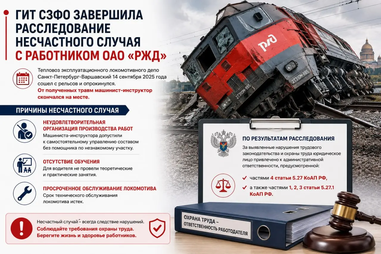 📱 ГИТ СЗФО завершила расследование несчастного случая с работником ОАО «РЖД»
Тепловоз эксплуатационного локомотивного депо Санкт-Петербург-Варшавский 14 сентября 2025 года сошёл с рельсов и опрокинулс... | Сетка — социальная сеть от hh.ru