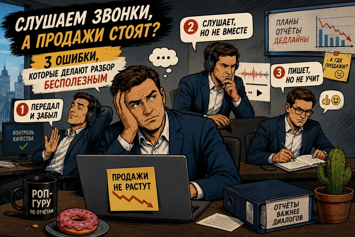 14/30. РОПы любят говорить: «Мы слушаем звонки менеджеров». Но продажи от этого почему-то не растут.
На аудитах отделов продаж я часто слышу от руководителей эти фразы: «Мы слушаем звонки | Сетка — социальная сеть от hh.ru
