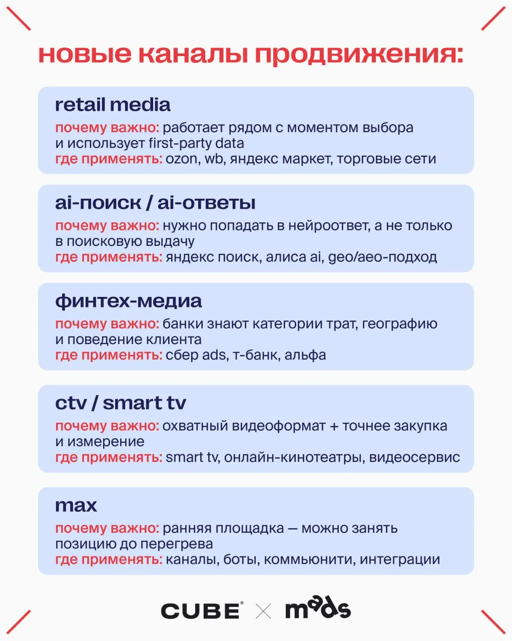 Сводка по новым каналам в одной картинке — но сначала рекомендуем пройти викторину выше⬆️
🎤CUBE x D Innovate Group вещает в гостях у mads
В этом посте были ссылки, но мы их удалили по правилам Сетки | Сетка — социальная сеть от hh.ru