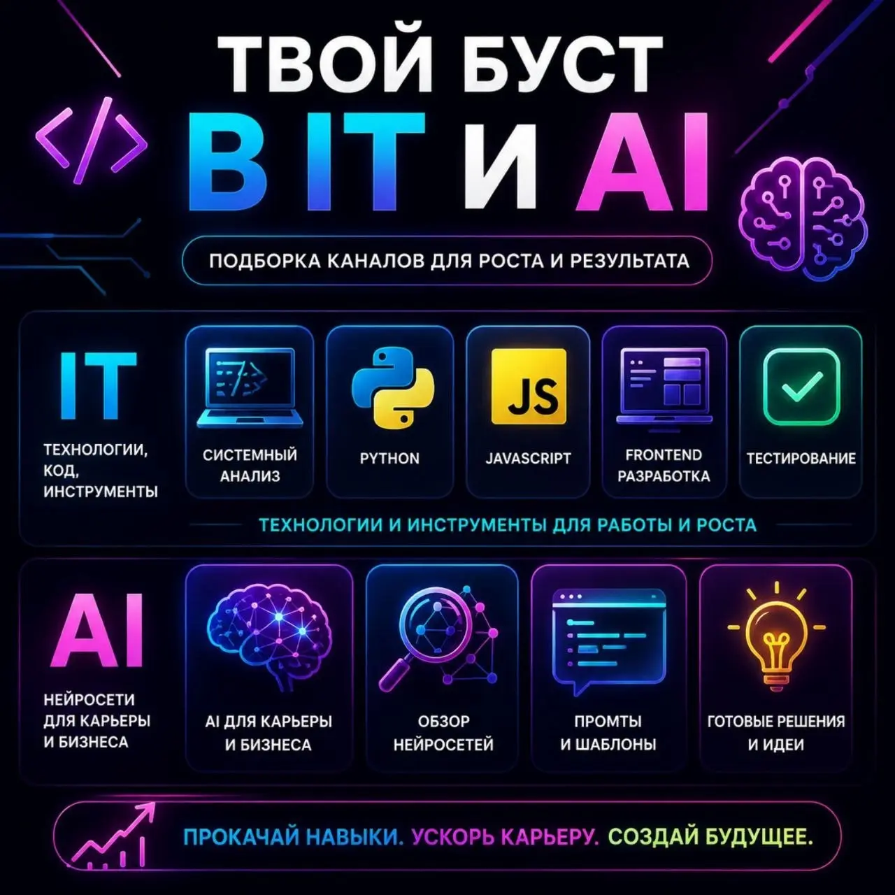 ТВОЙ БУСТ В IT И AI
Собрали с коллегами обновленную папку с каналами, которые реально прокачивают навыки и дают актуальные инструменты:

IT-направления: системный анализ, Python, JavaScript, frontend,... | Сетка — социальная сеть от hh.ru