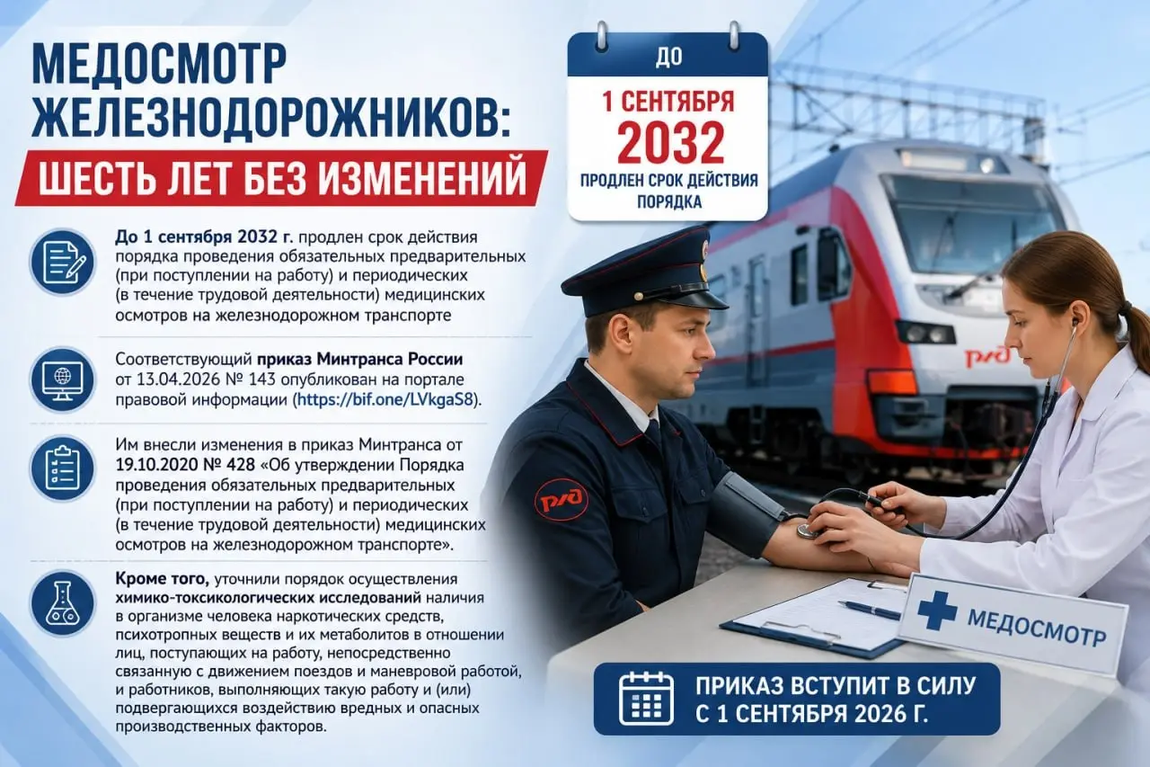 📱 Медосмотр железнодорожников: шесть лет без изменений
До 1 сентября 2032 г | Сетка — социальная сеть от hh.ru