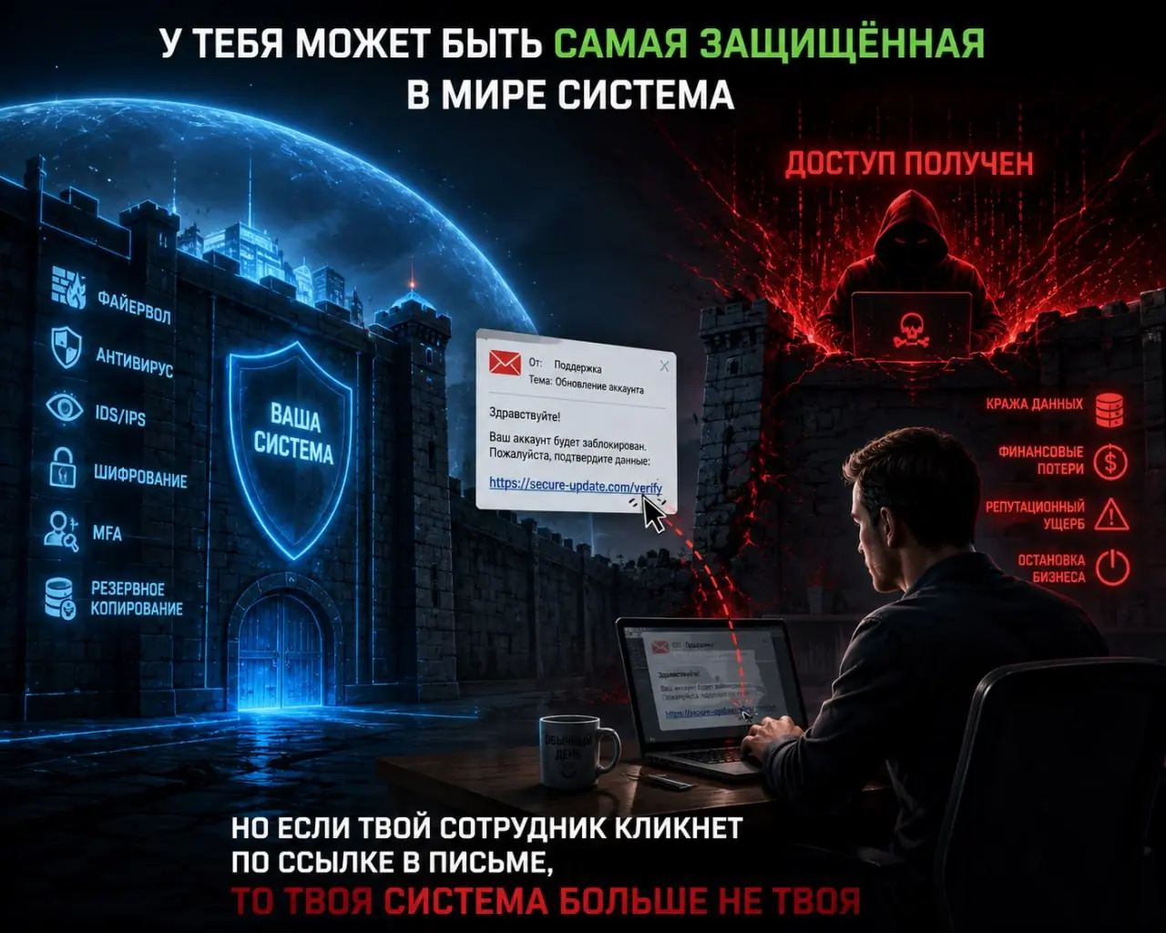У тебя может быть самая защищённая в мире система, но если твой сотрудник кликнет по ссылке в письме, то твоя система больше не твоя. 😭
Вспомним про "фишинг" (от англ | Сетка — социальная сеть от hh.ru