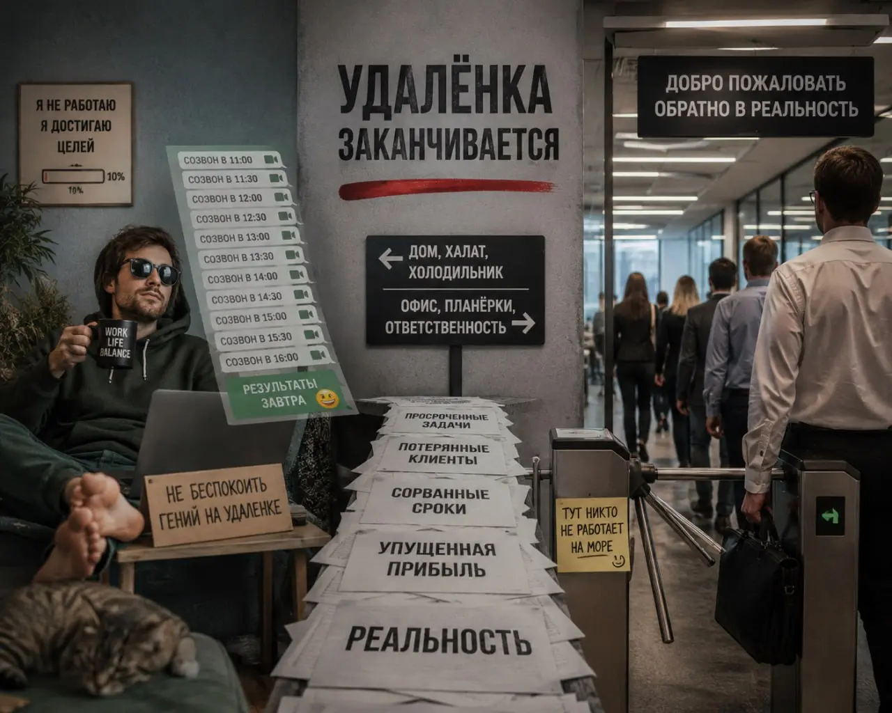 Помните, как несколько лет назад удалёнка продавалась как «новая эра эффективности»?
«Люди стали счастливее».
«Офисы больше не нужны».
«Продуктивность выросла».
«Будущее наступило» | Сетка — социальная сеть от hh.ru