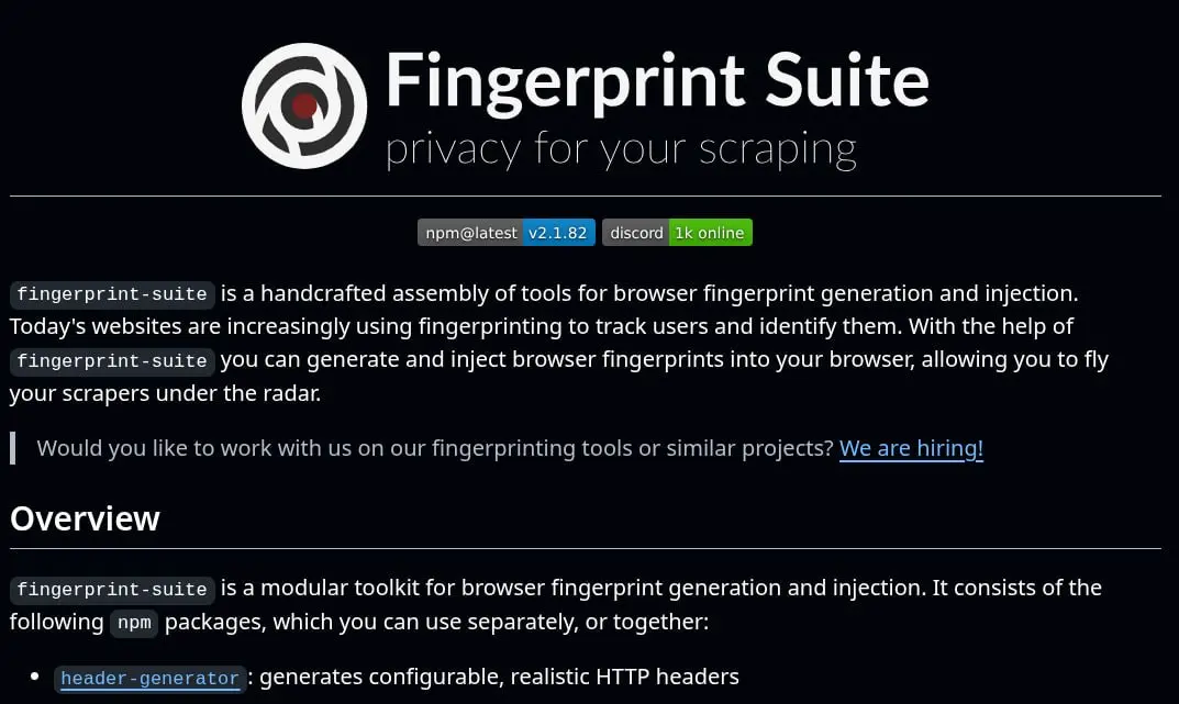 fingerprint-suite - набор инструментов для генерации и внедрения реалистичных отпечатков браузера, предназначенный для маскировки автоматизированных скраперов и обхода механизмов обнаружения на сайтах | Сетка — социальная сеть от hh.ru