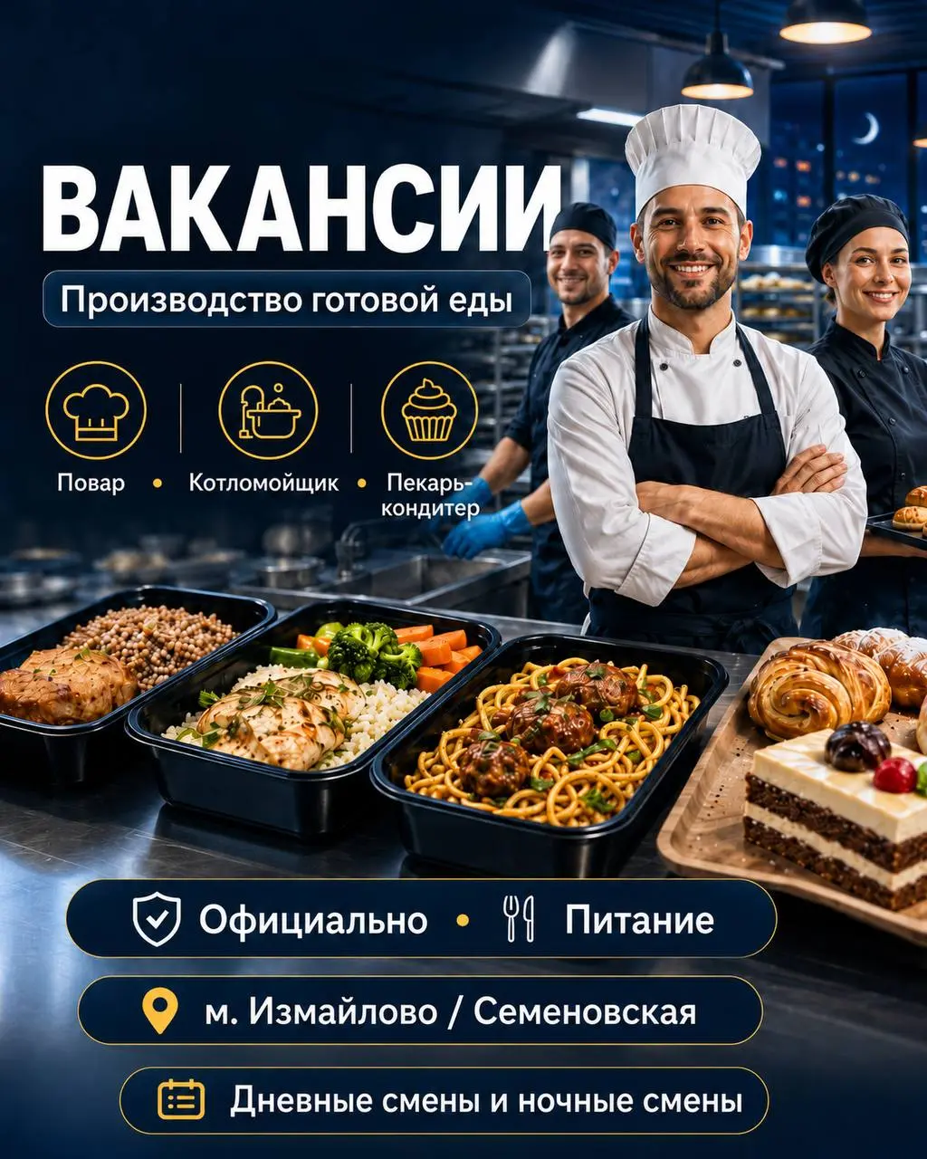 1️⃣ПОВАР - 4000₽ - 4500₽/смена2️⃣КОТЛОМОЙЩИК - 4500₽/смена3️⃣ПЕКАРЬ-КОНДИТЕР - 5500₽ - 6000₽/смена
производство готовой еды
• Москва, м | Сетка — социальная сеть от hh.ru