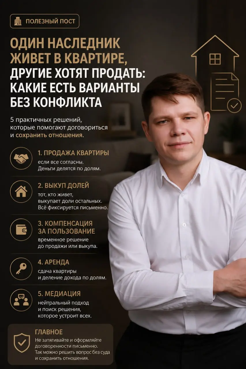 Один наследник живет в квартире, другие хотят продать: какие есть варианты без конфликта
Одна из самых частых наследственных ситуаций: один наследник живет в квартире, а другие хотят продать объект и ... | Сетка — социальная сеть от hh.ru