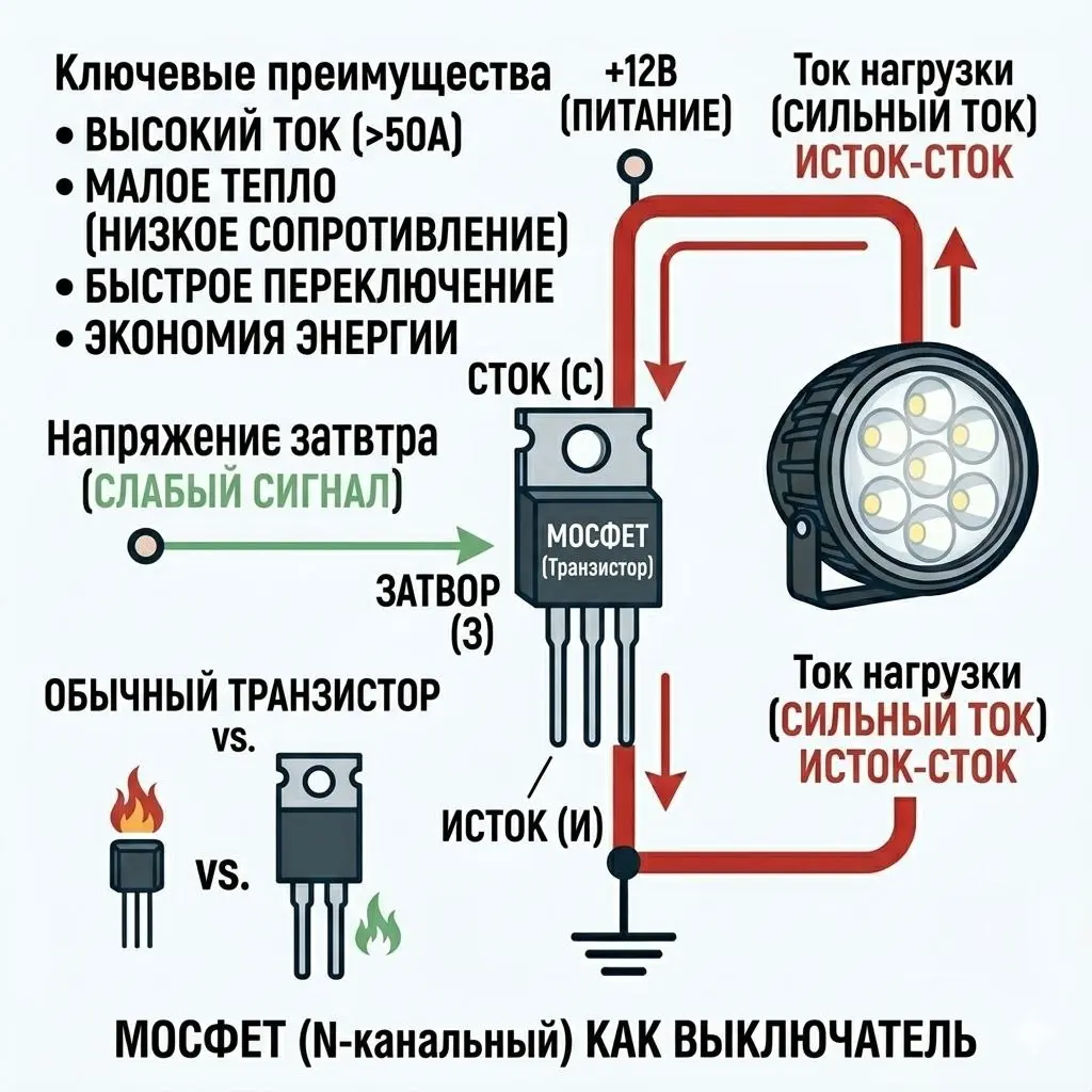 Тяжелая артиллерия электроники: Полевой транзистор (MOSFET) 🏋️‍♂️⚡️
Обычный биполярный транзистор (вроде тех «семечек», о которых говорили ранее) — парень крутой, но у него есть предел | Сетка — социальная сеть от hh.ru