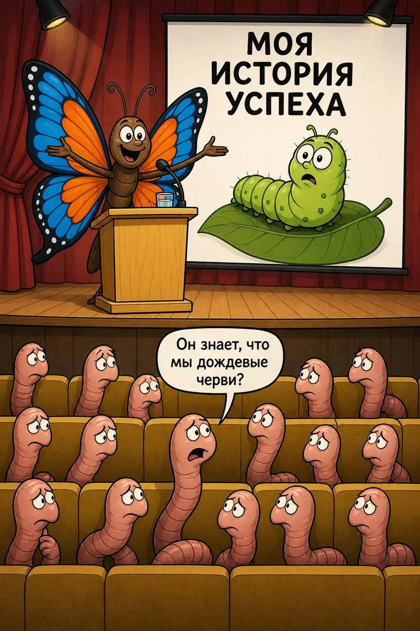 🦋 Инструкция по успеху, которая вообще не ваша
Знаете этот жанр?
Человек выходит на сцену, показывает слайд «МОЯ ИСТОРИЯ УСПЕХА» — и дальше час рассказывает, как именно вам теперь надо жить | Сетка — социальная сеть от hh.ru
