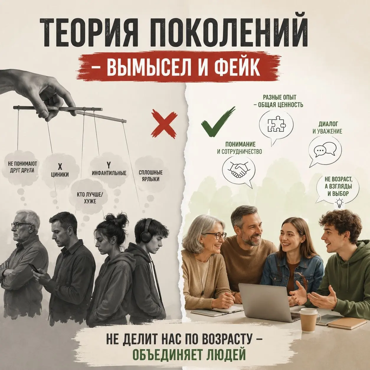 Меня бесит теория поколений.
Не та её честная часть, где «люди, заставшие 90-е подростками, по-другому относятся к деньгам, чем те, кто рос при ипотеке под 6%». Это окей, это просто история | Сетка — социальная сеть от hh.ru